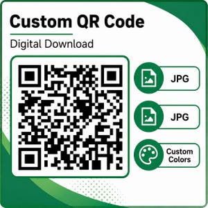 May include: A digital download graphic featuring the text Custom QR Code. It displays a large black and white square QR code, two JPG file icons, and a paint palette icon labeled Custom Colors, all set against a white background with green accents.