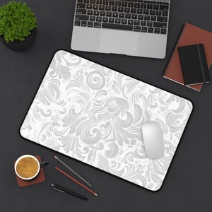 White Swirl Flourish Desk Mat | Decorative Neoprene Mouse Pad, Office Surface