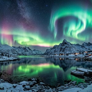 May include: A night landscape featuring vibrant green and purple aurora borealis lights above snow-covered mountains and a calm lake. A small white boat is docked at a wooden pier near a shoreline with snow-dusted rocks and dark evergreen trees.