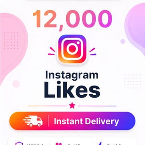Może przedstawiać: Cyfrowa grafika promująca 12 000 polubień na Instagramie z gradientowym logo Instagrama oraz tekstem "Secure Checkout", "Trusted Seller", "Instant Delivery", "100% Safe", "Real Likes" i "Fast & Secure" na białym tle z różowymi akcentami.