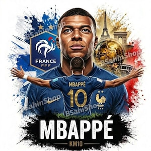 Puede incluir: Una ilustración gráfica que presenta un retrato de Kylian Mbappé y una vista trasera del jugador con la camiseta azul de Francia con el número 10. El diseño incluye el logo de la FFF, la Torre Eiffel, un balón de fútbol dorado y el texto MBAPPÉ KM10.