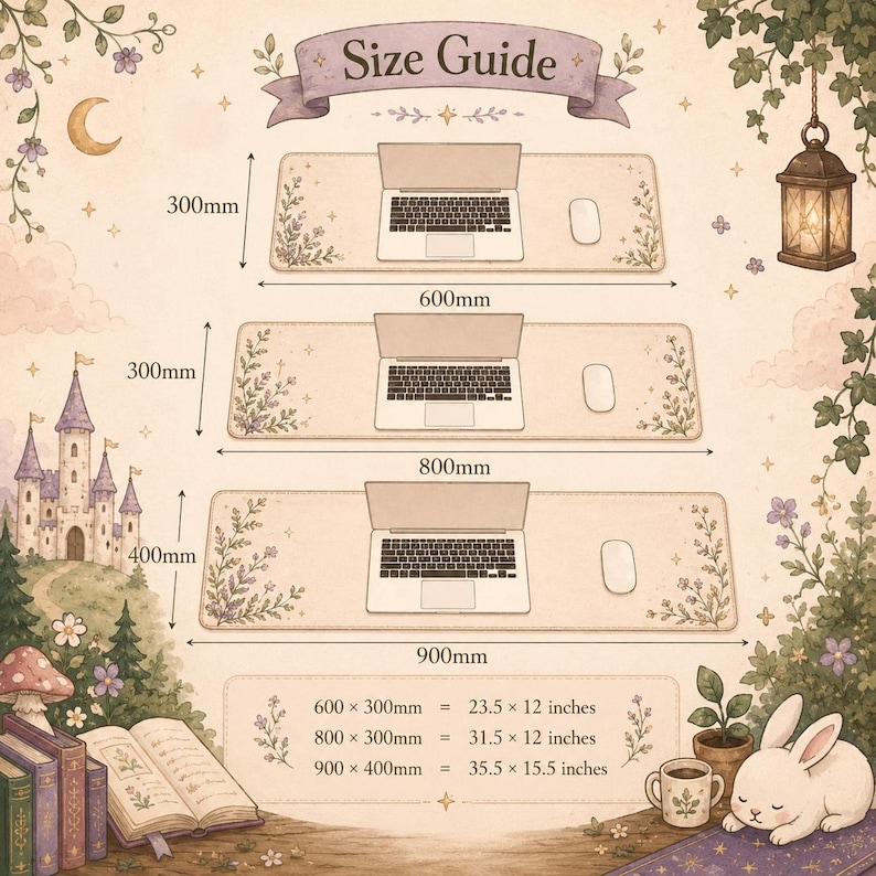 May include: A size guide for rectangular desk mats featuring three sizes: 600x300mm, 800x300mm, and 900x400mm. Each mat displays a laptop and mouse illustration with floral accents. Text includes 'Size Guide' and imperial conversions in inches.