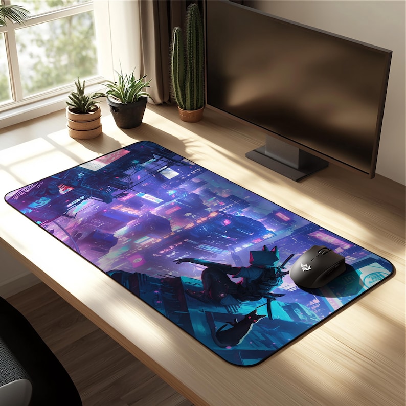 Cyberpunk Cyber Cat Ninja Deskmat, Neon Purple Futuristic City Mousepad ...