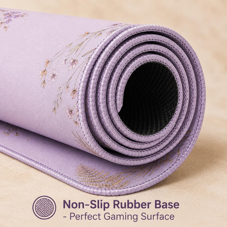 May include: A rolled lavender desk mat featuring a delicate botanical print of small flowers and fern leaves in soft brown tones. The mat has a stitched edge and a black textured underside. Text on the image reads: Non-Slip Rubber Base - Perfect Gaming Surface.