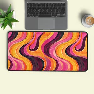 Retro Groovy Swirl Deskmat | Bold Pink Orange Wave Extended Mousepad | Psychedelic 70s Pattern Desk Mat | Vintage Vibrant Gaming Accessory