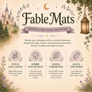 May include: A promotional graphic for Fable Mats deskmats featuring a castle, a lantern, and text. It highlights features including vivid printing, a rubber anti-slip back, a smooth fabric surface, and a thin design for a clean workspace setup.
