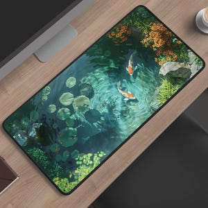 Peut inclure: Un tapis de bureau rectangulaire présentant une impression haute résolution d'un étang paisible avec deux poissons koï orange et blancs nageant parmi des nénuphars verts, une eau sombre et un feuillage luxuriant, bordé d'une couture noire.