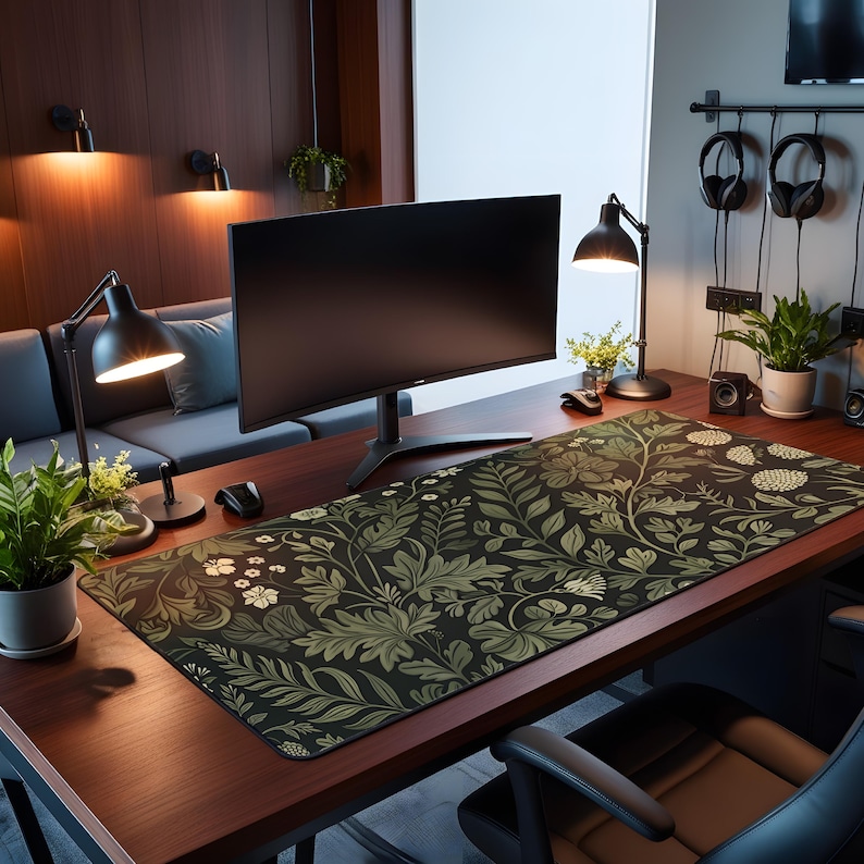 May include: A rectangular desk mat featuring a dark green background with a repeating botanical pattern of light green leaves, stems, and small white flowers. The mat is positioned on a wooden desk surface in front of a computer monitor.