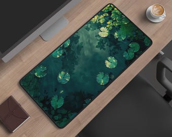 May include: A rectangular desk mat featuring a dark green pond scene with floating lily pads. The design displays various shades of green and deep shadows, creating a layered effect of aquatic foliage across the entire surface of the mat.
