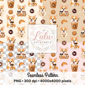 Corgi Coffee Seamless Pattern, Cute Dog Digital Paper, Coffee Lover Printable, Corgi PNG, Scrapbooking Paper, Sublimation Design