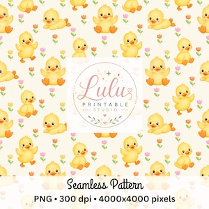 Könnte beinhalten: Ein nahtloses digitales Muster mit gelben Entenküken sowie kleinen rosa und orangefarbenen Tulpen auf cremefarbenem Hintergrund. Ein kreisförmiges Logo in der Mitte zeigt den Text Lulu PRINTABLE STUDIO. Das Bild enthält den Text: Seamless Pattern PNG 300 dpi 4000x4000 pixels.