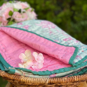 Pink Baby Blanket, Crib Blanket/Quilt, 100% Cotton/Muslin Baby Quilt, Hand-stitched Quilt - Baby Shower Gift for Girl