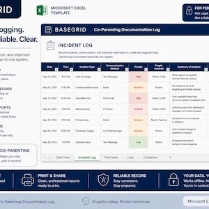 Planilha de Controle de Guarda Compartilhada | Registro de Guarda dos Filhos, Cronograma de Visitas e Documentos Judiciais para Pais Divorciados | Excel