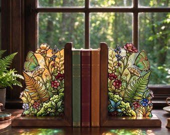 May include: A pair of wooden bookends featuring stained glass panels with colorful illustrations of butterflies, ferns, and various flowers. The panels are set into dark wood bases and hold three hardcover books upright on a wooden surface.