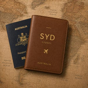 May include: A dark blue Australian passport next to a brown leather passport cover. The brown cover features gold embossed text reading SYD, SYDNEY, and AUSTRALIA, along with a small airplane icon. The items are placed on a vintage map background.
