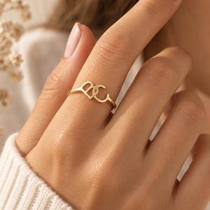 Personalized Double Initial Ring, 925 Sterling Silver, 14K Gold Plated, Custom Monogram Jewelry