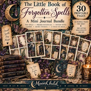 Puede incluir: Un paquete digital titulado The Little Book of Forgotten Spells con 30 páginas imprimibles. El conjunto incluye hojas de diario con ilustraciones botánicas, de pociones y celestiales, una llave antigua y textos como Small Spells Big Magic.