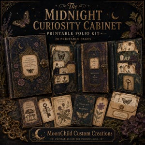 Puede incluir: Un kit de folio imprimible titulado The Midnight Curiosity Cabinet que incluye 20 páginas de efímeros en azul oscuro y dorado. El conjunto contiene una cubierta de diario decorativa, varias etiquetas botánicas y de insectos, libretos y sobres.
