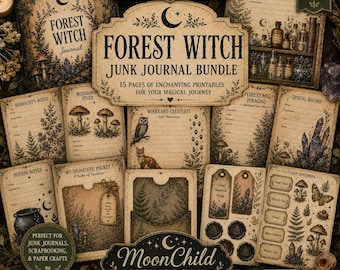 May include: A Forest Witch junk journal bundle featuring 15 printable pages with vintage-style illustrations of mushrooms, woodland creatures, crystals, and apothecary bottles. The set includes various templates for notes, pockets, and ephemera.