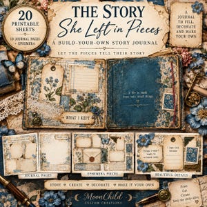 Könnte beinhalten: Ein Set aus 20 druckbaren Journal-Seiten mit dem Titel The Story She Left in Pieces, bestehend aus einem Journal zum Selbstgestalten mit blauen Blumenmustern, Vintage-Papiertexturen, Ephemera-Teilen, Etiketten, Briefmarken und Textelementen.