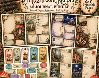 May include: A digital printable journal bundle titled The Mushroom Keeper, featuring 27 pages of mushroom-themed stationery, ephemera, and backing pages. The collection includes illustrated journal sheets, tags, and postcards with forest imagery.