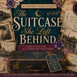 Puede incluir: Un paquete de diario imprimible titulado The Suitcase She Left Behind, que incluye 32 páginas de diario y 6 hojas de efímera. El diseño presenta una maleta vintage, un tren de vapor, cartas antiguas, una llave y detalles florales en tonos.