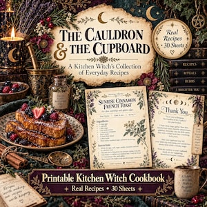 Peut inclure: Un livre de cuisine imprimable de sorcière de cuisine intitulé The Cauldron & The Cupboard, comprenant 30 feuilles de recettes, rituels et herbes. L'ensemble inclut une fiche recette pour du pain doré, une note de remerciement et une tasse.