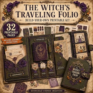 May include: A printable kit titled The Witch's Traveling Folio featuring 32 pages. The set includes a green and purple folding organizer with pockets labeled Correspondence, Found, Traded, Borrowed, and Botanicals, plus a matching journal.