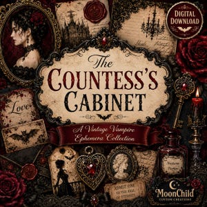 Könnte beinhalten: Eine digitale Sammlung mit dem Titel The Countess's Cabinet, bestehend aus Vintage-Vampir-Ephemera, einem Frauenporträt, roten Rosen, einem Zierschlüssel, einer Parfümflasche, einer brennenden Kerze und gotischem Text auf dunklem Hintergrund.