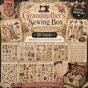 Może przedstawiać: Cyfrowa kolekcja do pobrania zatytułowana Grandmother's Sewing Box zawierająca 20 stron z zabytkowymi efemerydami krawieckimi. Projekt zawiera ilustracje maszyn do szycia, manekinów, wzorów kwiatowych, guzików, igieł i przyborów.