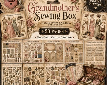 Może przedstawiać: Cyfrowa kolekcja do pobrania zatytułowana Grandmother's Sewing Box zawierająca 20 stron z zabytkowymi efemerydami krawieckimi. Projekt zawiera ilustracje maszyn do szycia, manekinów, wzorów kwiatowych, guzików, igieł i przyborów.