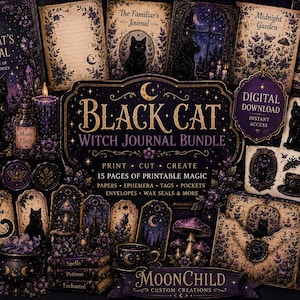 May include: A digital download bundle featuring a Black Cat Witch Journal theme with purple and gold accents. Includes printable pages, ephemera, tags, pockets, envelopes, and wax seals. Text includes The Black Cat's Journal, Moon Elixir, and MoonChild.