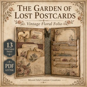 Puede incluir: Un folio floral de estilo vintage titulado The Garden of Lost Postcards, que incluye 13 páginas PDF imprimibles. El folio abierto muestra múltiples bolsillos llenos de papel efímero envejecido, incluyendo sobres de semillas de rosas y mariposas.