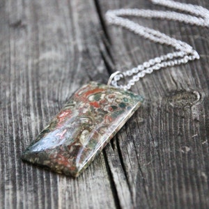 Green Stone Pendant Necklace - Ocean Jasper Cabochon Pendant - Green and Red Jasper Stone - Nature Inspired Jewelry - Earth Tone Colors