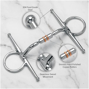 May include: A silver-colored metal horse bit featuring two circular rings and straight side bars. The center includes two smooth hand-polished copper rollers. Text labels indicate 304 Food Grade Steel, smooth hand-polished copper rollers, and seamless swivel movement.