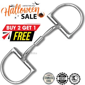 May include: A silver-colored stainless steel D-ring horse bit with a jointed mouthpiece. The metal surface is smooth and reflective. The bit features two D-shaped rings connected by a central jointed bar, designed for equestrian use.
