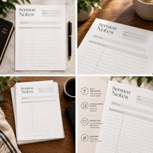 May include: A white sermon notes paper template featuring a clean layout with fields for date, speaker, and sermon title. The page includes a section for main points and verses used, with horizontal lines for writing and a small cross icon at the bottom.