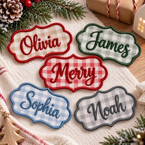 May include: Five scalloped-edge fabric name tags featuring a gingham pattern. The tags display the embroidered names Olivia in red, James in green, Merry in red, Sophia in blue, and Noah in gray, each outlined with a matching stitched border.