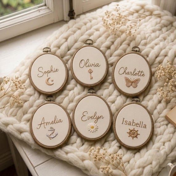 Tiny oval embroidered ornament with personalized name and delicate custom icons — the kind of heirloom-feeling keepsake that looks like it took real skill to stitch.