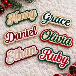 May include: Six embroidered name patches featuring the names Henry, Grace, Daniel, Olivia, Ethan, and Ruby. Each patch has a scalloped border and script lettering in various color combinations of red, green, white, and gold thread.