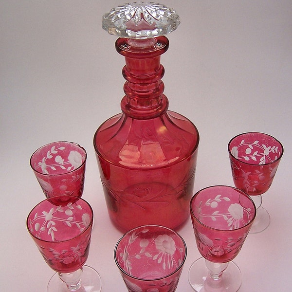Depression Glass Cranberry Decanter with Etched Cordial Stemware Set