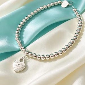 Sterling Silver Beaded Bracelet, Heart Tag Charm Bracelet, Dainty Silver Ball Bracelet, Minimalist Stackable Jewelry Gift for Her
