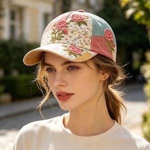 Op de afbeelding: Een patchwork baseballpet met stoffen panelen in lichtblauw, roze en crème. De pet is versierd met geborduurde roze rozenmotieven en een klein bloemenpatroon op de voorste panelen en de gebogen klep.