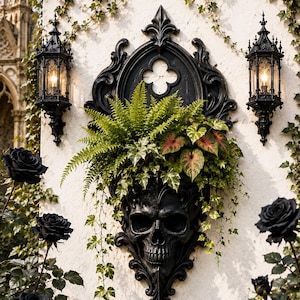 May include: A black wall-mounted planter shaped like a skull with ornate gothic detailing. The planter holds a lush arrangement of green ferns and variegated ivy. It is flanked by two black metal lanterns on a white wall with black roses in the foreground.