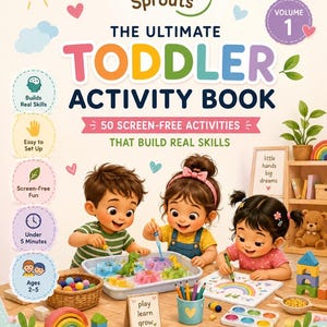 Op de afbeelding: Het boek The Ultimate Toddler Activity Book Volume 1 van Harshpreet Kaur heeft een kleurrijke omslag met illustraties van drie kinderen die creatief bezig zijn, waaronder ijsblokjes verkennen, tekenen en houten blokken.