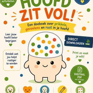 Può includere: Una copertina di un libro di attività digitale intitolata MIJN HOOFD ZIT VOL! con un simpatico personaggio dei cartoni animati con la testa bianca coperta di punti colorati. La pagina include testo sui sentimenti, attività per bambini di 4-7 anni e icone.