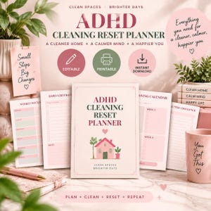Könnte beinhalten: Ein ADHD-Reinigungsplaner mit mehreren druckbaren Seiten, darunter tägliche Checklisten, wöchentliche Schwerpunkte und Reinigungskalender. Das Deckblatt zeigt eine rosa Hausillustration mit dem Text ADHD Cleaning Reset Planner, Clean Spaces Brighter Days.
