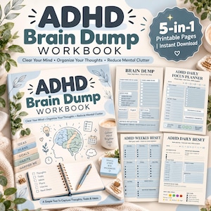 Op de afbeelding: Een ADHD Brain Dump werkboek met een omslag met een hersenillustratie, een notitieboek en een pen. De set bevat printbare pagina's met de titels ADHD Daily Focus Planner, ADHD Weekly Reset en ADHD Daily Reset in blauwe en witte tinten.