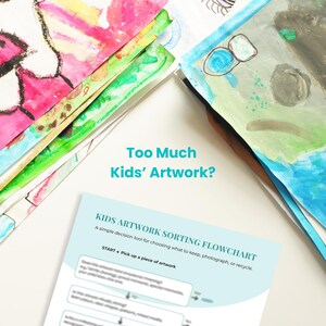 Könnte beinhalten: Ein Stapel bunter Kinderzeichnungen und Gemälde neben einem gedruckten Flussdiagramm zum Sortieren von Kinderkunstwerken. Das Diagramm enthält den Text Too Much Kids' Artwork? und dient als Entscheidungshilfe zum Sortieren der Kunstwerke.