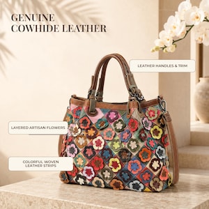 Bolsa de couro floral | Bolsa de ombro vintage em couro bovino | Bolsa transversal colorida com patchwork | Bolsa tote artesanal feminina | Bolsa tote grande e casual